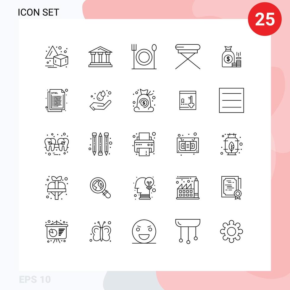 Modern Set of 25 Lines and symbols such as bank money eat seat furniture Editable Vector Design Elements