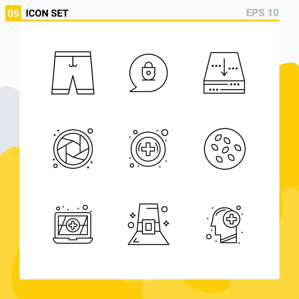 User Interface Pack of 9 Basic Outlines of pharmacy hospital archive shutter camera Editable Vector Design Elements
