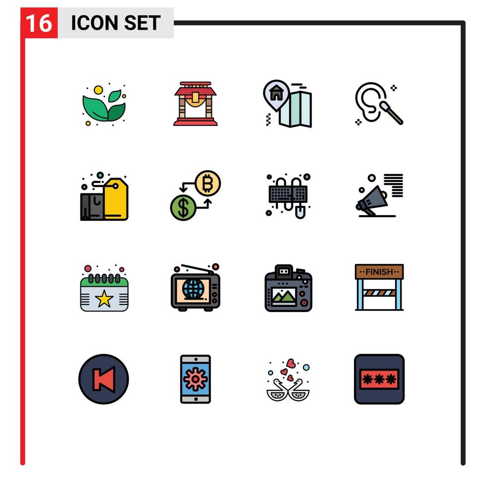 16 Thematic Vector Flat Color Filled Lines and Editable Symbols of label box location badge cleaning Editable Creative Vector Design Elements