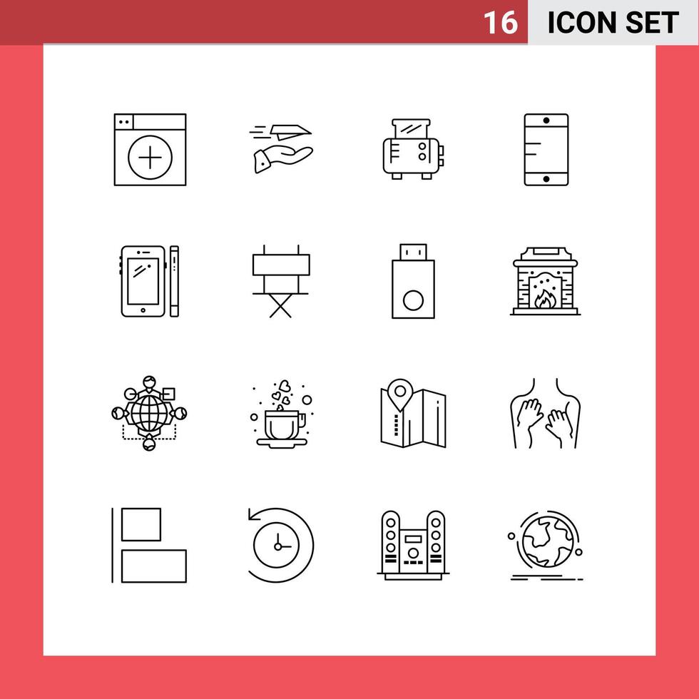 Group of 16 Outlines Signs and Symbols for smart phone school plane cell toaster Editable Vector Design Elements