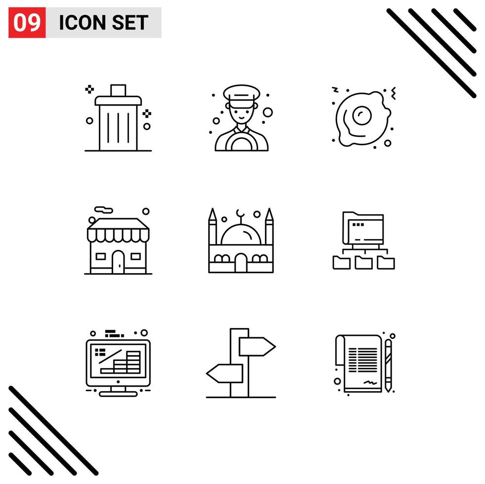 Modern Set of 9 Outlines and symbols such as muslim islam fried egg estate shop Editable Vector Design Elements