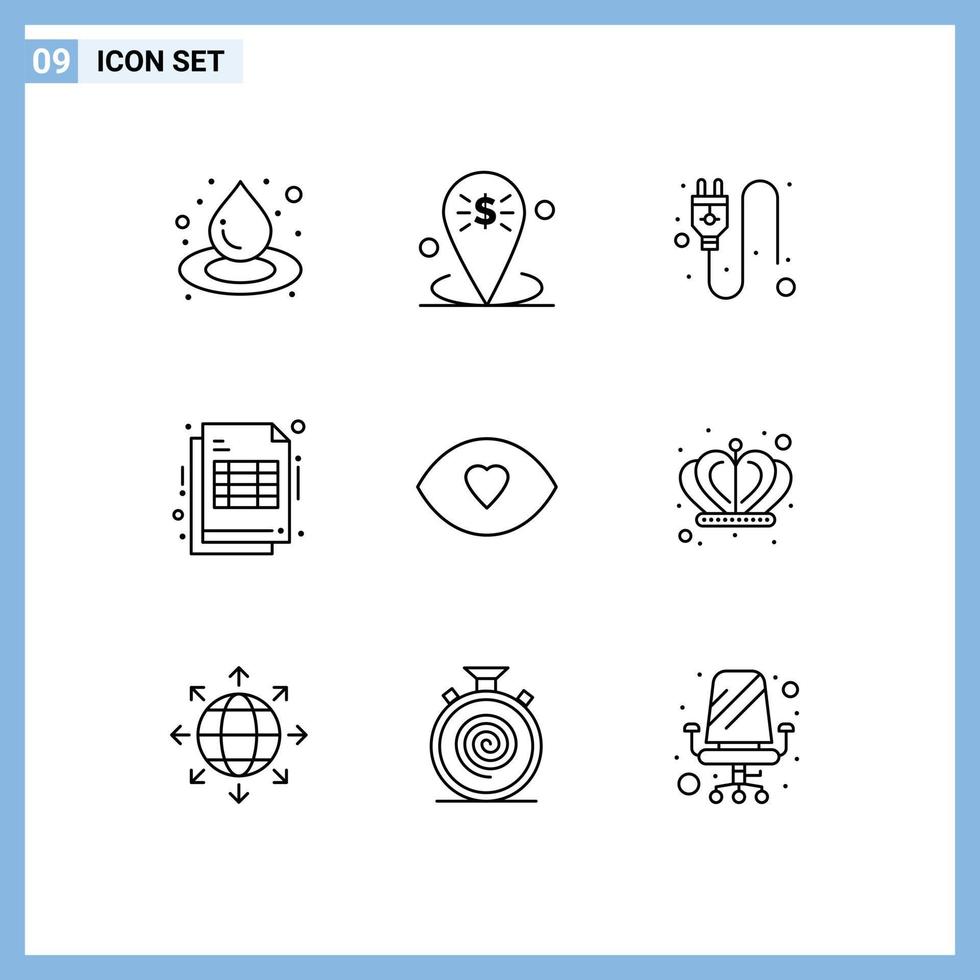 Set of 9 Modern UI Icons Symbols Signs for human eye electric receipt cheaque Editable Vector Design Elements