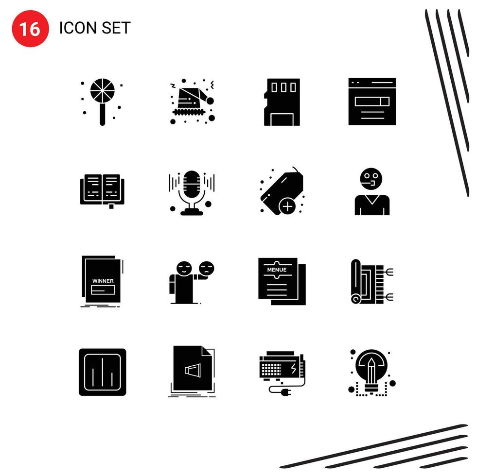 Pack of 16 Modern Solid Glyphs Signs and Symbols for Web Print Media such as education user memory search engine Editable Vector Design Elements