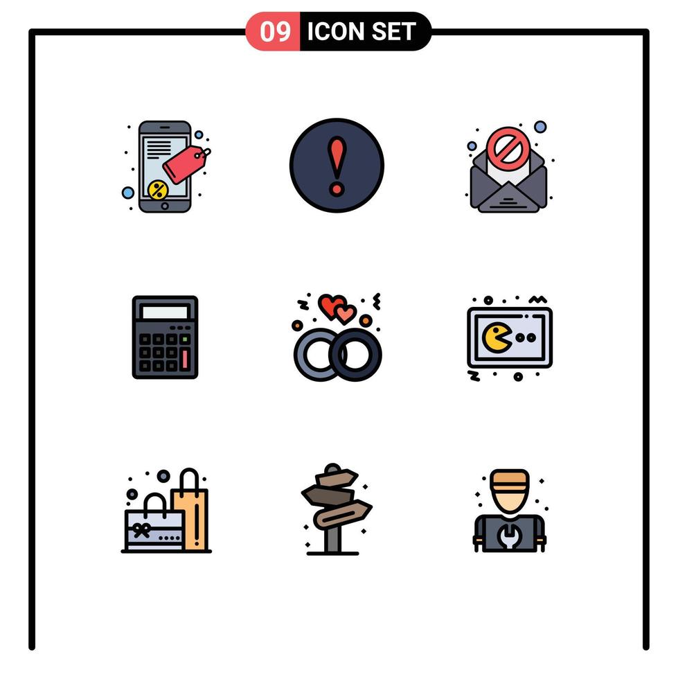 Universal Icon Symbols Group of 9 Modern Filledline Flat Colors of pac man ring virus love office Editable Vector Design Elements