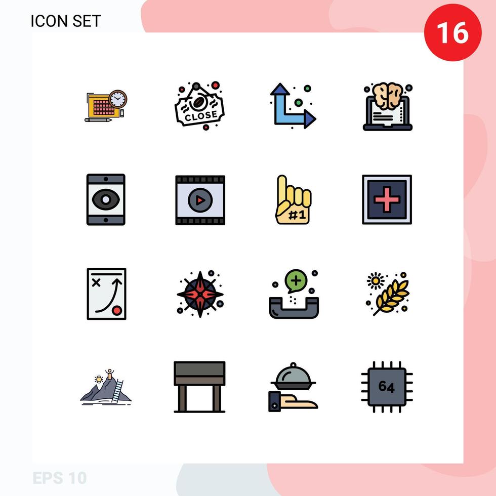16 líneas llenas de colores planos universales establecidas para aplicaciones web y móviles virus smartphone flecha pensar aprender elementos de diseño de vectores creativos editables
