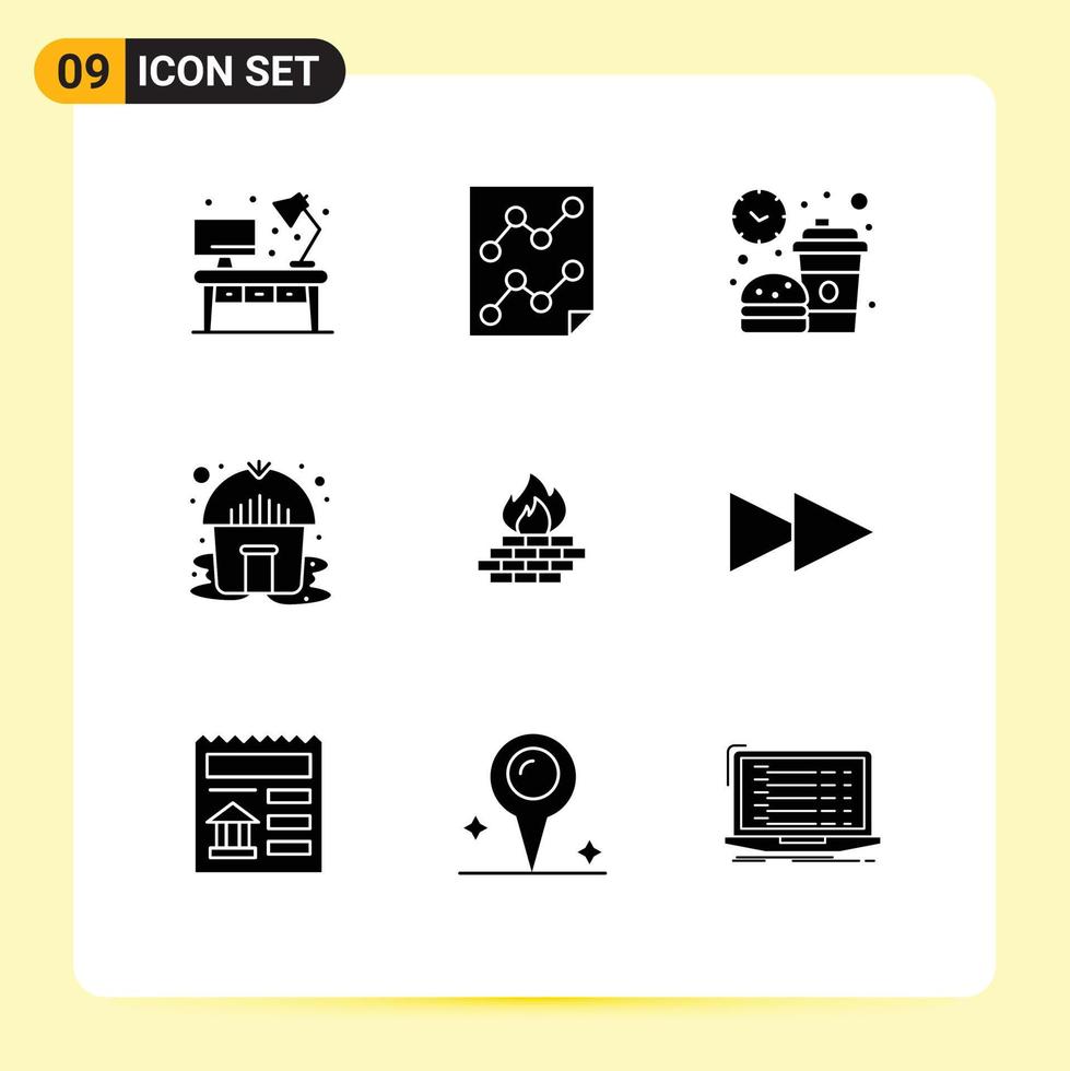 User Interface Pack of 9 Basic Solid Glyphs of antivirus tent report hut lunch Editable Vector Design Elements