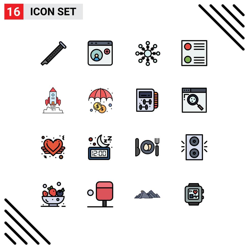 Modern Set of 16 Flat Color Filled Lines Pictograph of startup rocket internet radio button snowflake Editable Creative Vector Design Elements
