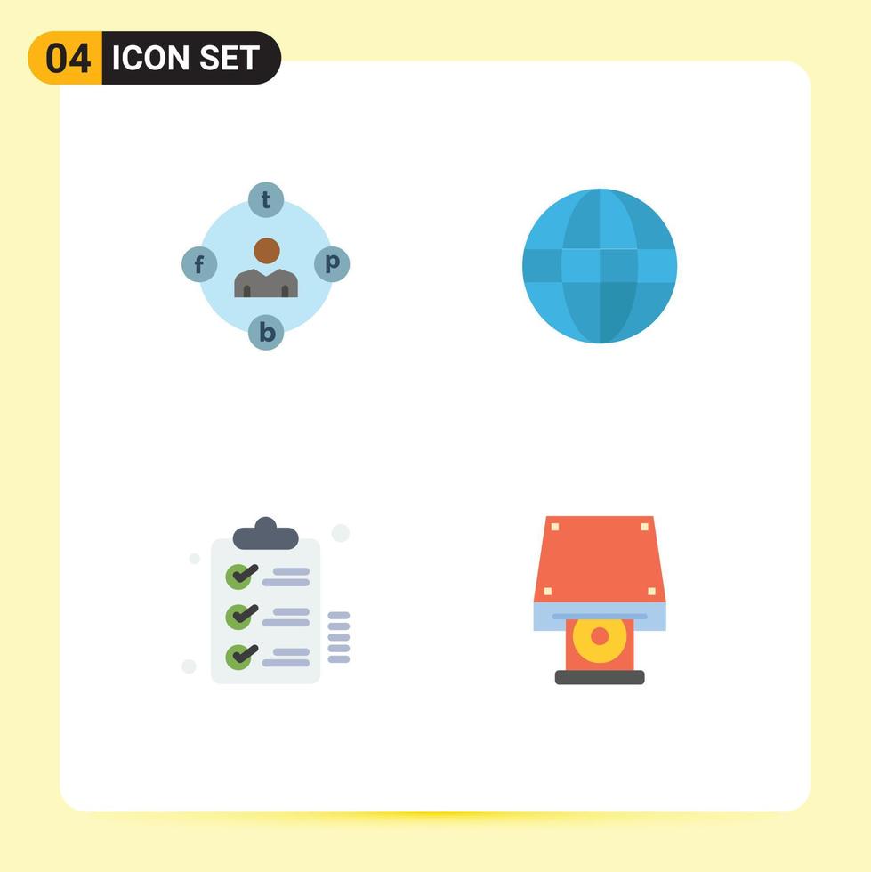 Mobile Interface Flat Icon Set of 4 Pictograms of social media checklist media globe tasks Editable Vector Design Elements
