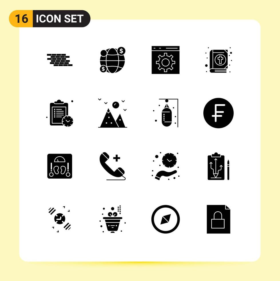 grupo de símbolos de icono universal de 16 glifos sólidos modernos de codificación de vacaciones de tiempo elementos de diseño de vector editables de libro de pascua