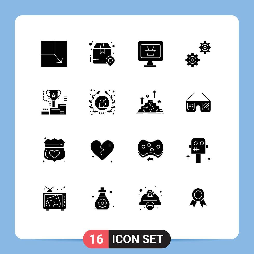 16 Universal Solid Glyph Signs Symbols of trophy cup monitor award gears Editable Vector Design Elements