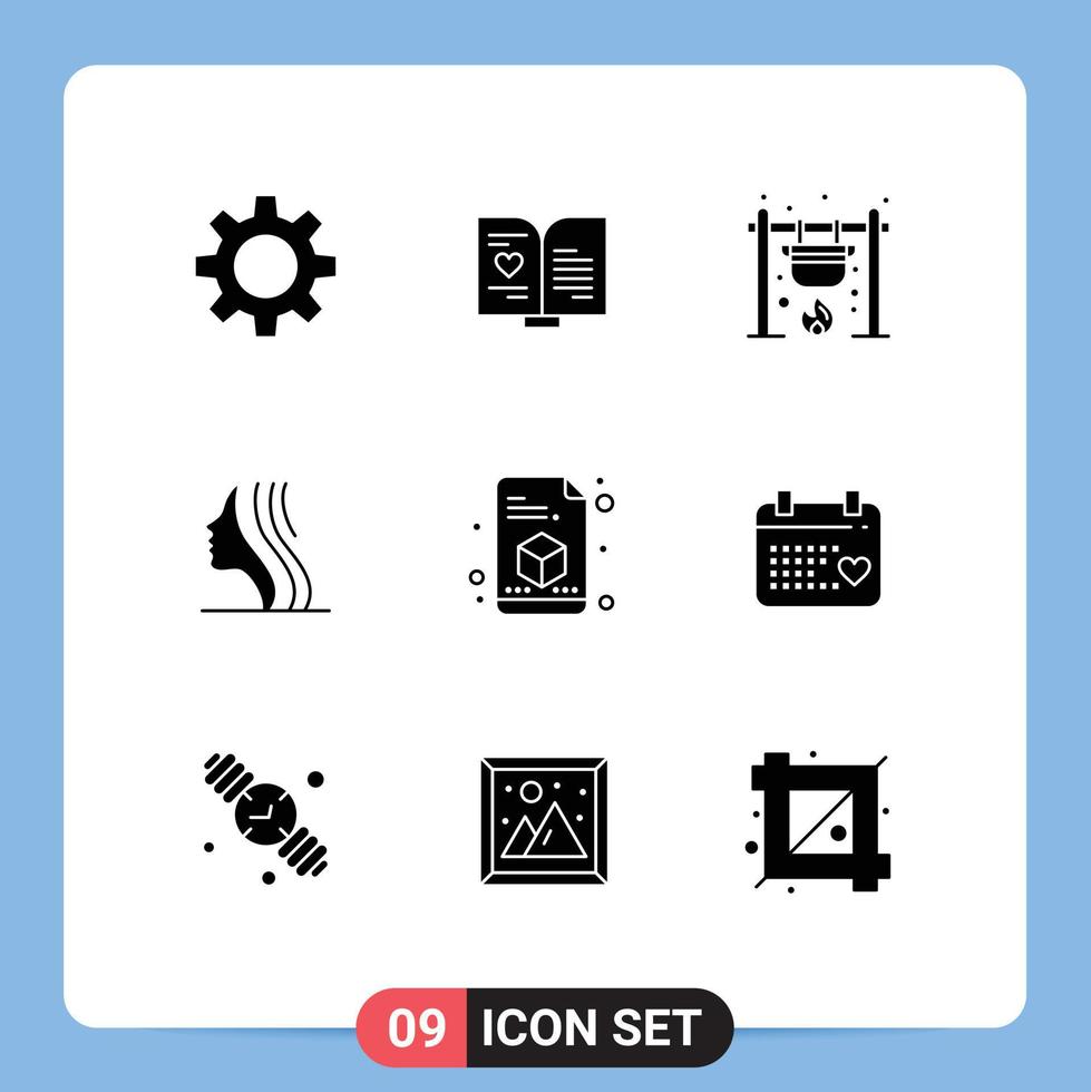 9 User Interface Solid Glyph Pack of modern Signs and Symbols of printing face campfire girl female Editable Vector Design Elements