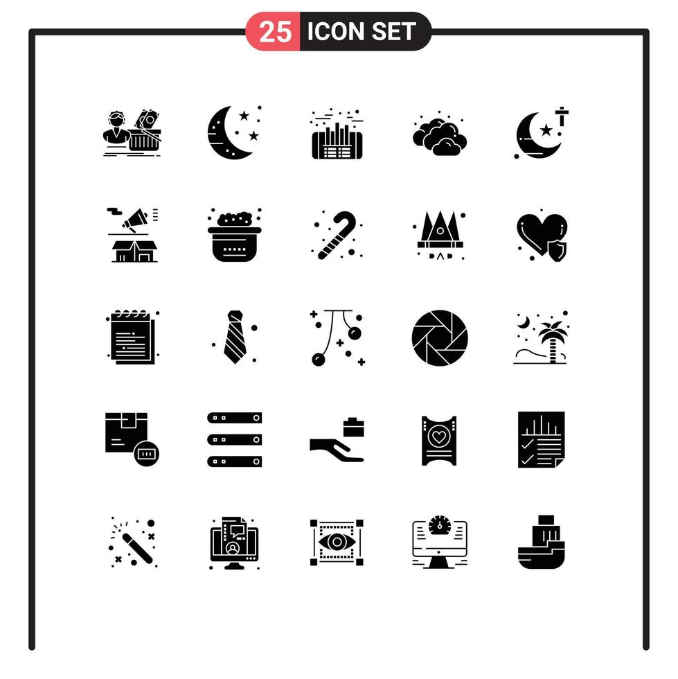 Solid Glyph Pack of 25 Universal Symbols of religious weather party cloudy finance Editable Vector Design Elements
