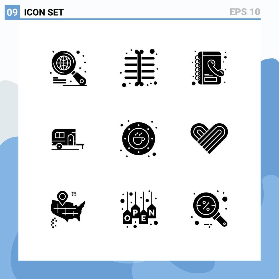Set of 9 Vector Solid Glyphs on Grid for plate coffee phone book cafe travel Editable Vector Design Elements