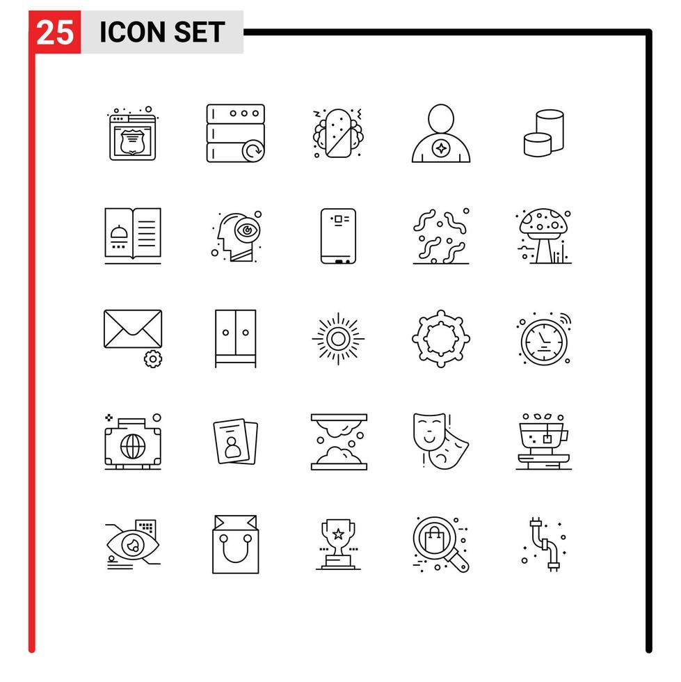 User Interface Pack of 25 Basic Lines of crypto nova coin fast food human booked Editable Vector Design Elements