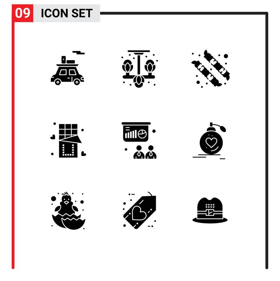 User Interface Pack of 9 Basic Solid Glyphs of training conference camping sweet love Editable Vector Design Elements
