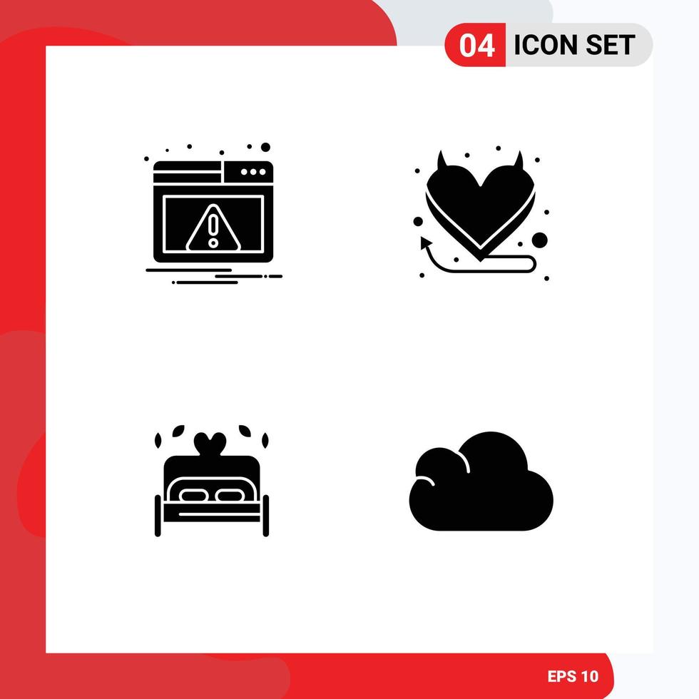 Modern Set of 4 Solid Glyphs and symbols such as web heart warning hell cloud Editable Vector Design Elements