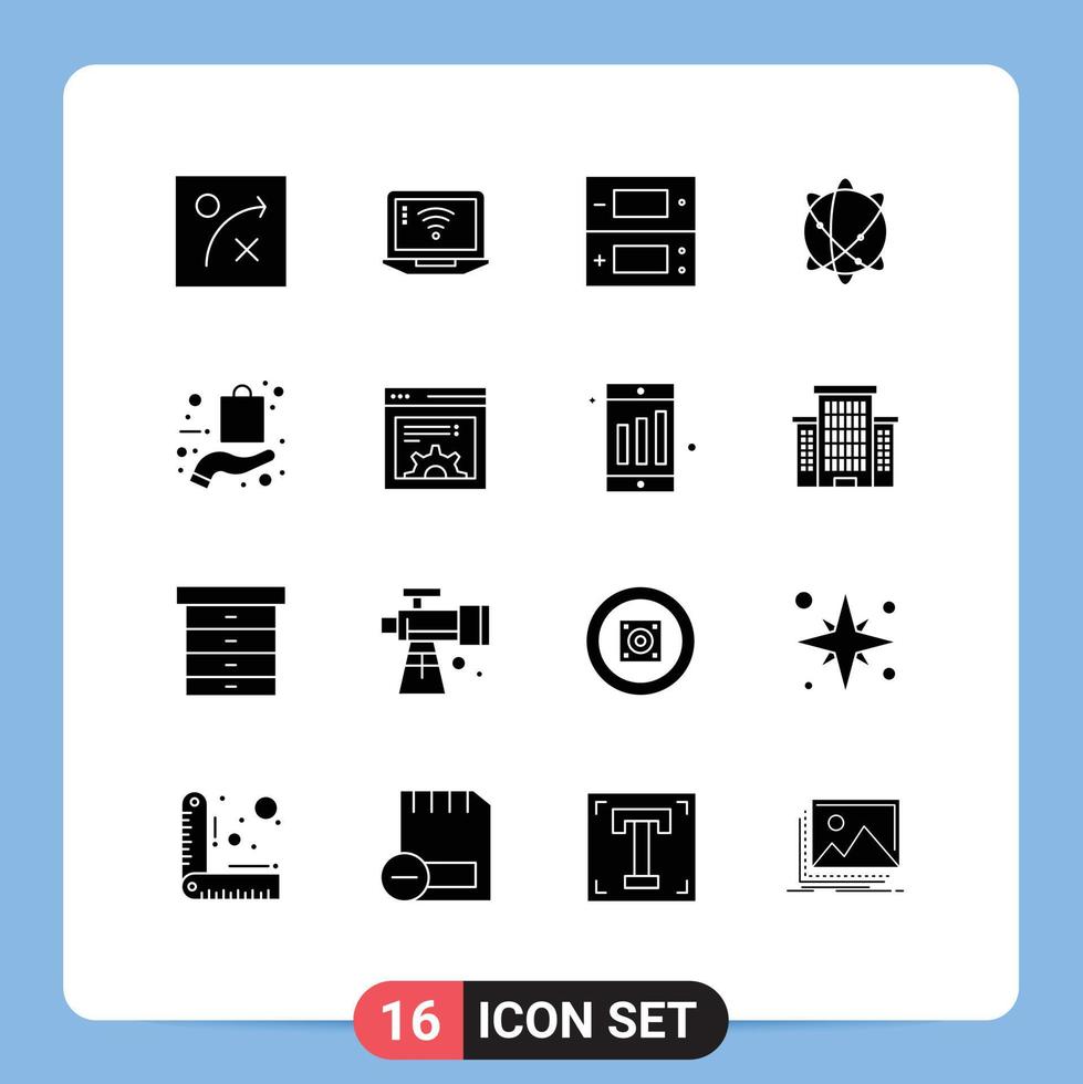 Group of 16 Modern Solid Glyphs Set for online ecommerce games bag internet Editable Vector Design Elements