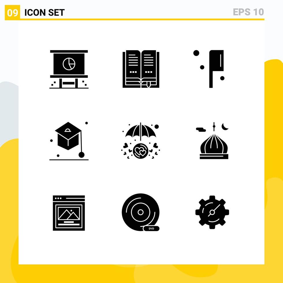 Pack of 9 Modern Solid Glyphs Signs and Symbols for Web Print Media such as love care heart food student graduation Editable Vector Design Elements