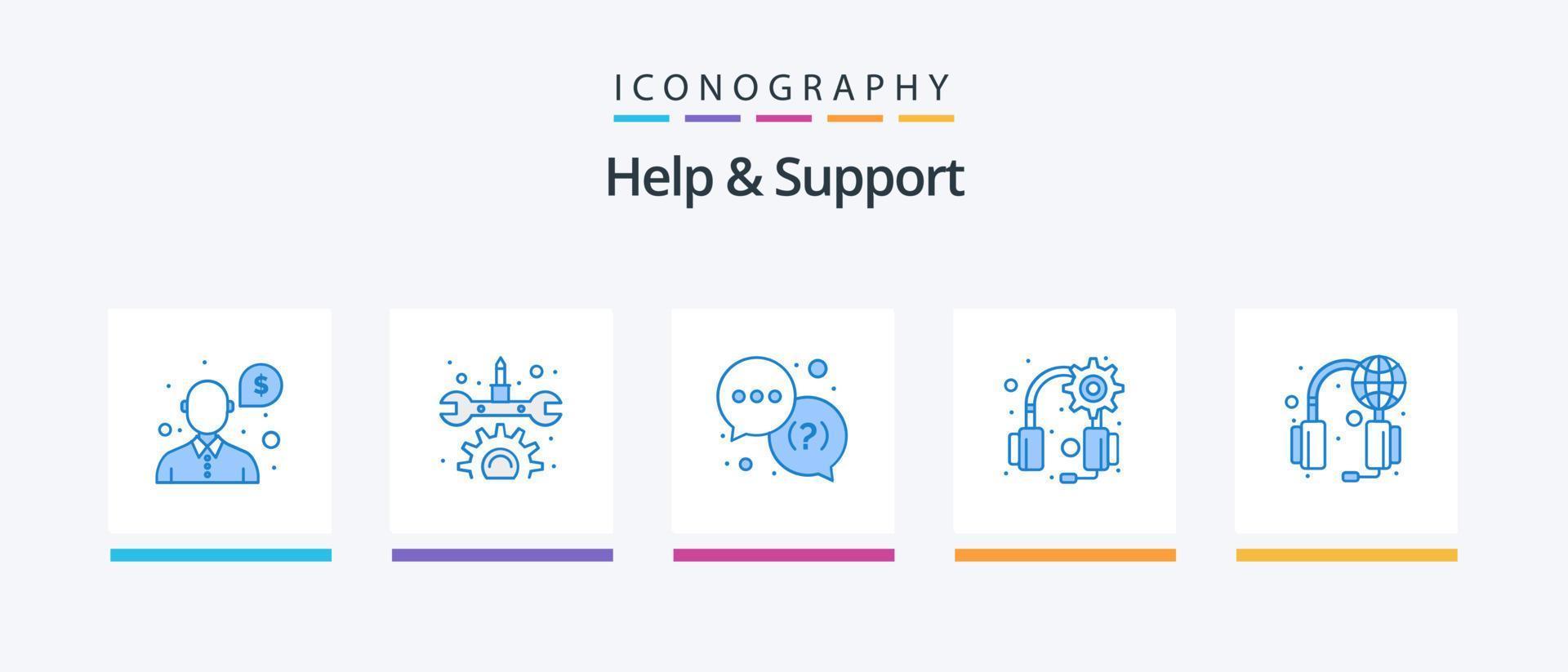 Help And Support Blue 5 Icon Pack Including world. services. question. help. headphones. Creative Icons Design vector