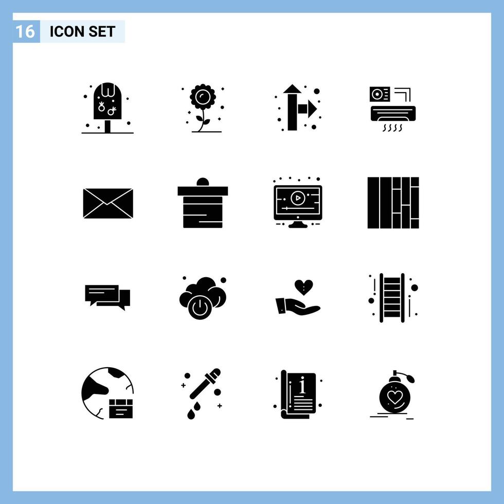 16 User Interface Solid Glyph Pack of modern Signs and Symbols of user mail direction room aircondition Editable Vector Design Elements