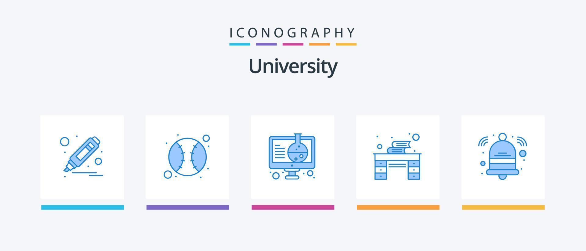 Paquete de 5 íconos de universidad azul que incluye campana. libros. experimento. escritorio de estudio. escritorio. diseño de iconos creativos vector