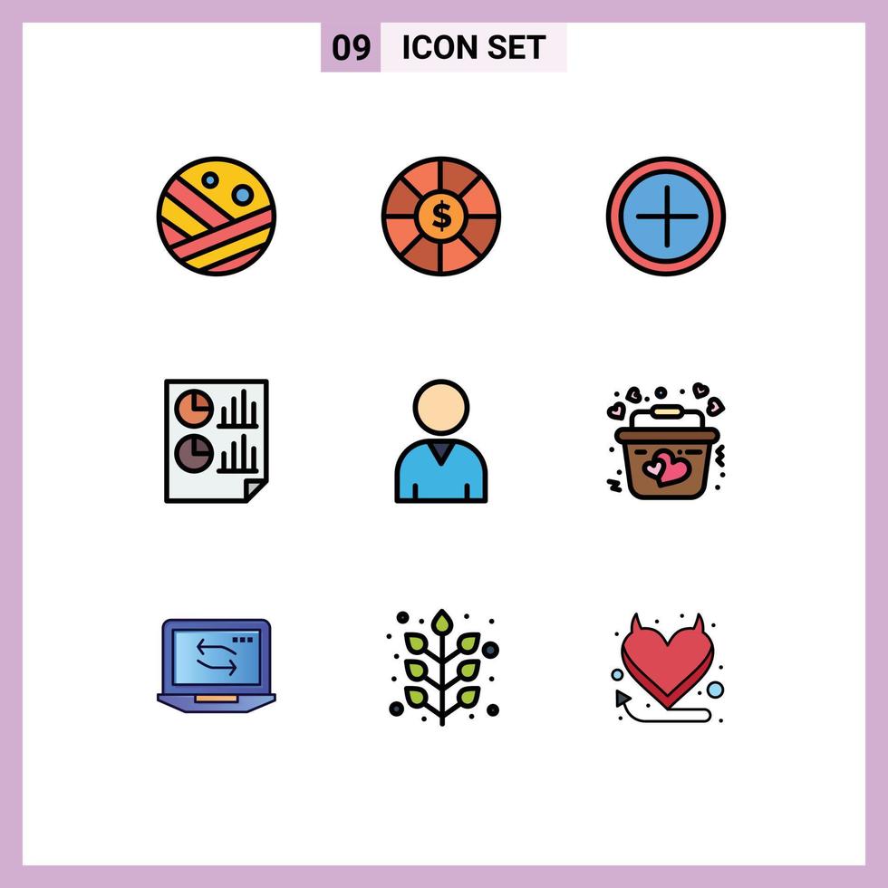 Universal Icon Symbols Group of 9 Modern Filledline Flat Colors of basket human plus report document Editable Vector Design Elements