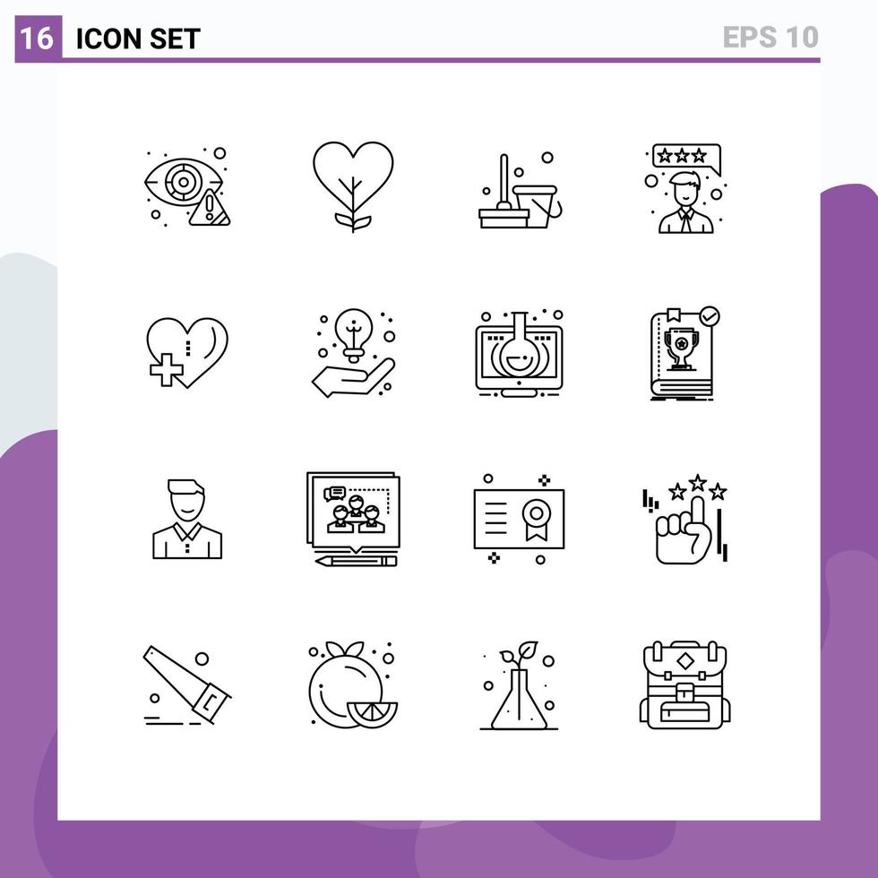 Group of 16 Outlines Signs and Symbols for heart feedback tree customer satisfaction cleaning Editable Vector Design Elements