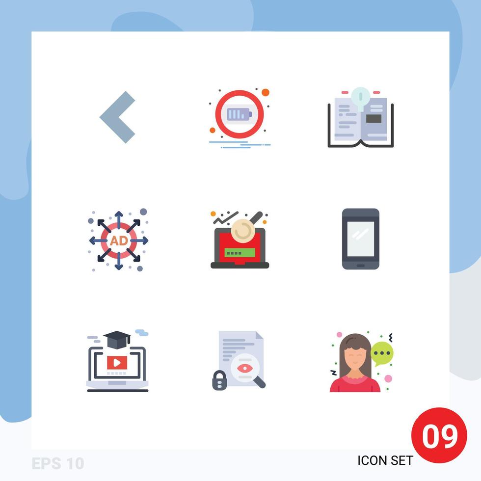 paquete de 9 signos y símbolos de colores planos modernos para medios de impresión web, como elementos de diseño de vectores editables de estrategia de archivo de educación de investigación telefónica