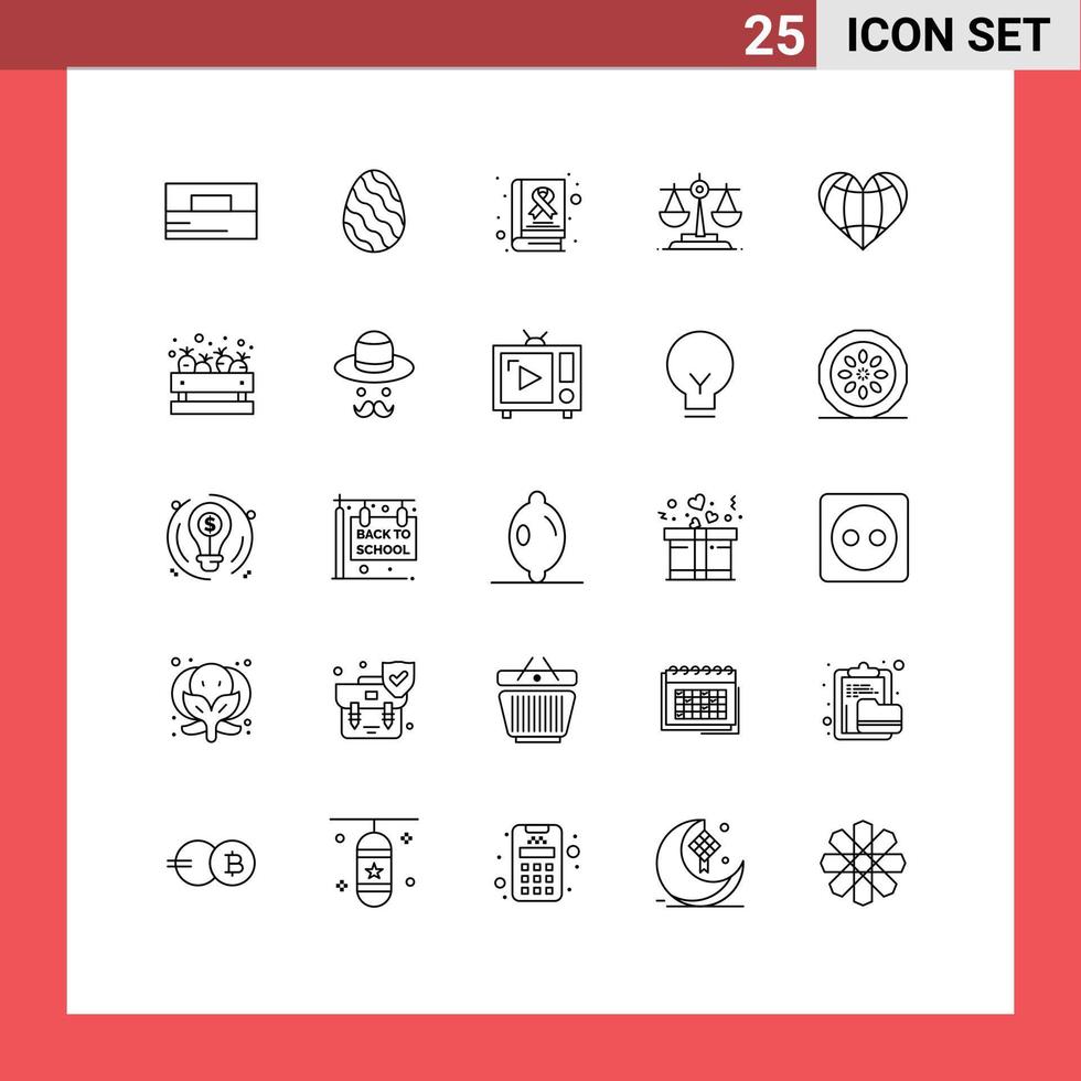 Pack of 25 Modern Lines Signs and Symbols for Web Print Media such as like heart awareness law balance Editable Vector Design Elements