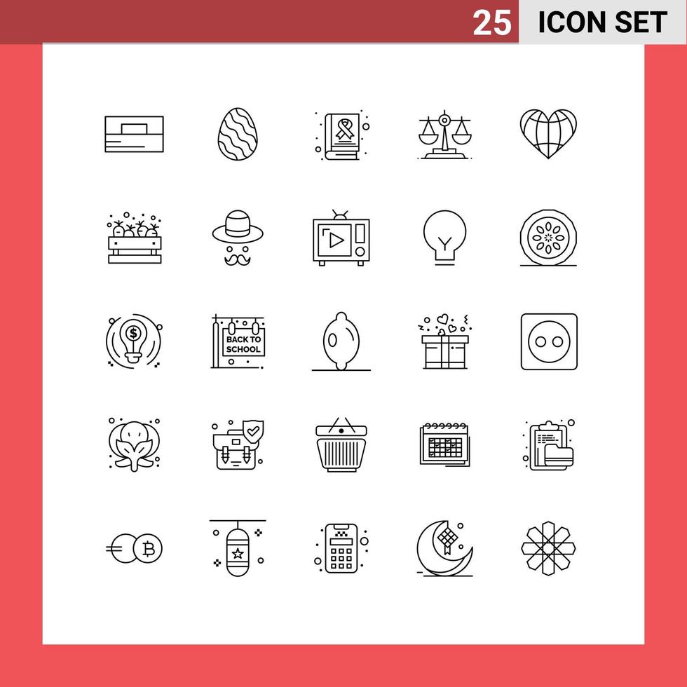 paquete de 25 signos y símbolos de líneas modernas para medios de impresión web, como elementos de diseño de vectores editables de equilibrio de la ley de conciencia cardíaca