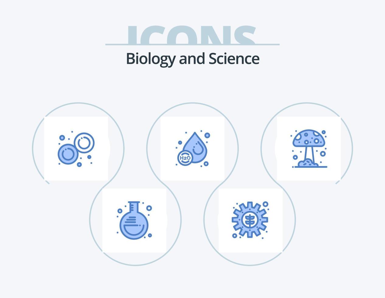 Paquete de iconos azules de biología 5 diseño de iconos. hongo. agua. biología. líquido. soltar vector