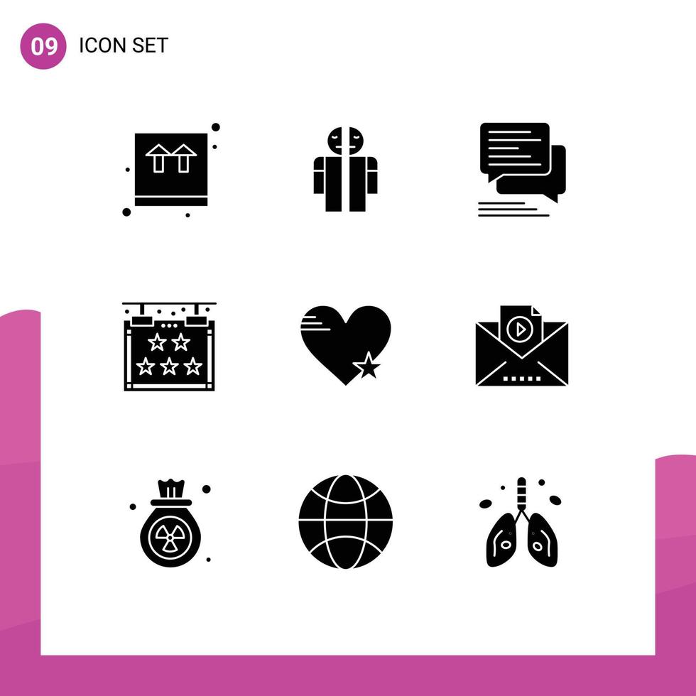 Set of 9 Commercial Solid Glyphs pack for star sign chat hotel bubble Editable Vector Design Elements