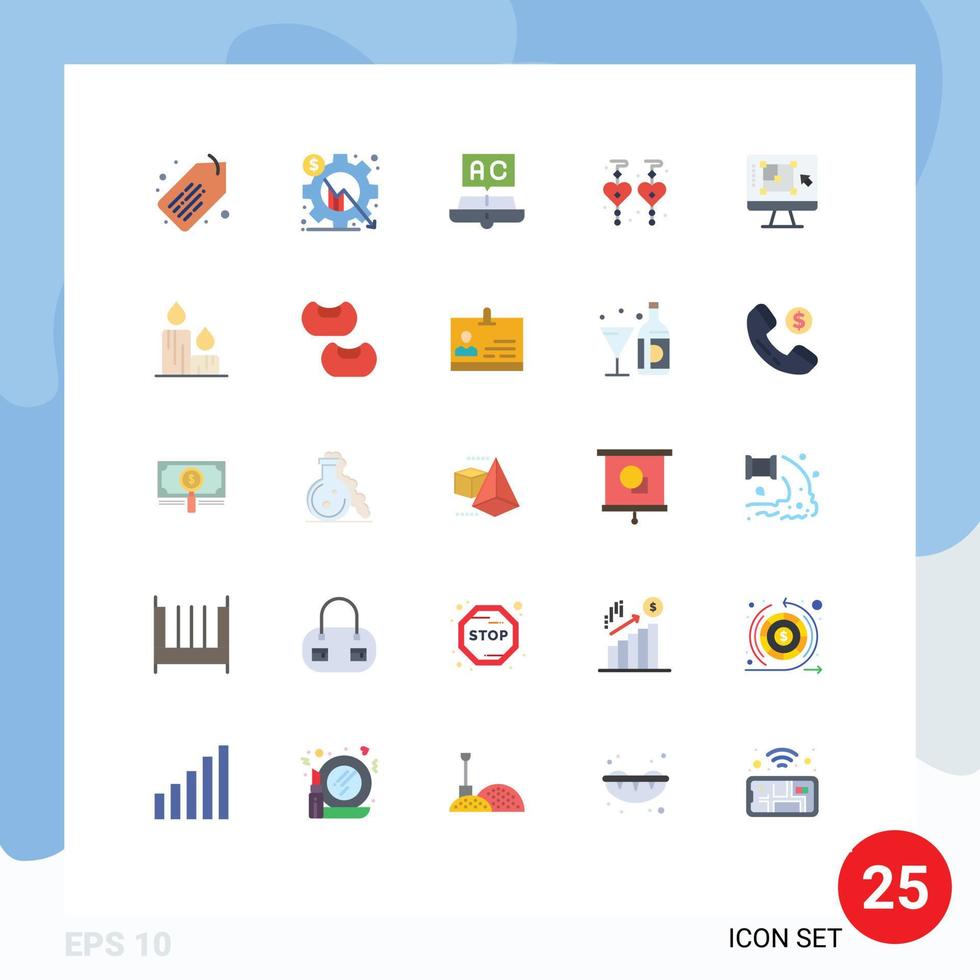 Pack of 25 Modern Flat Colors Signs and Symbols for Web Print Media such as decrease love book dangling earrings study Editable Vector Design Elements