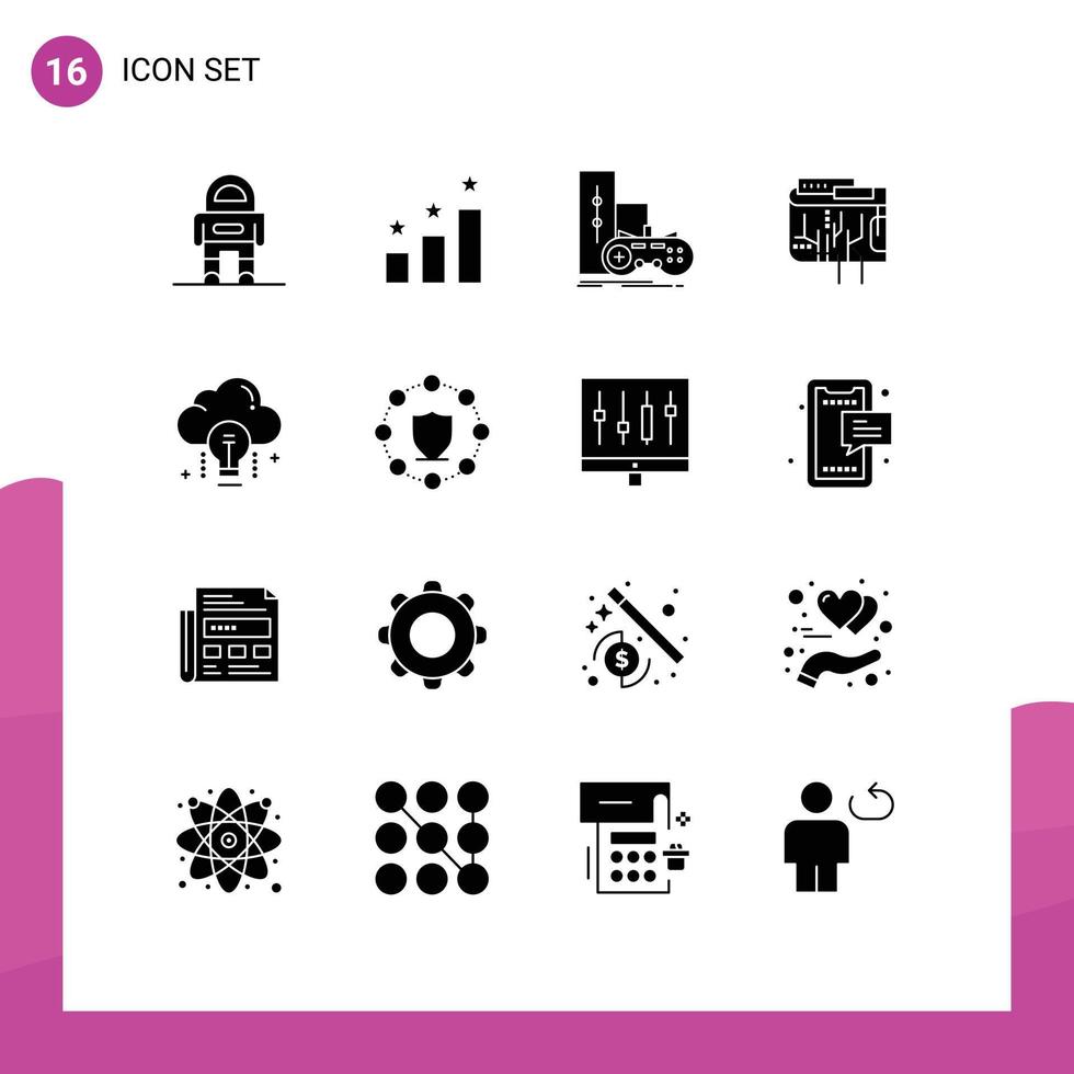 Pack of 16 creative Solid Glyphs of cloud internet gamepad digital currency Editable Vector Design Elements