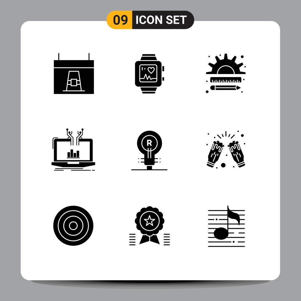 9 Thematic Vector Solid Glyphs and Editable Symbols of online analytical heart analysis management Editable Vector Design Elements