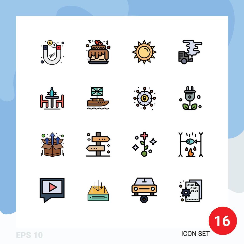16 interfaz de usuario paquete de líneas rellenas de color plano de signos y símbolos modernos de acuerdo emisión de sol de gas automóvil elementos de diseño de vectores creativos editables