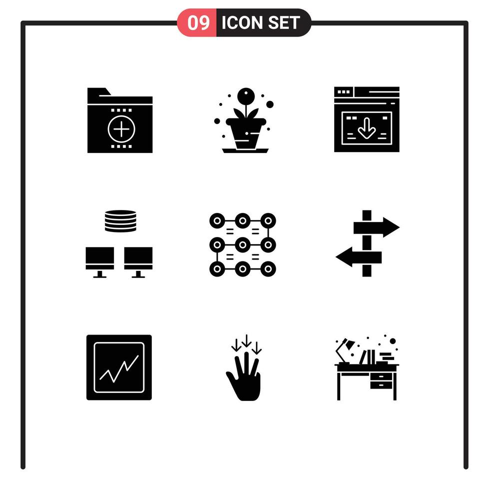 Pack of 9 Modern Solid Glyphs Signs and Symbols for Web Print Media such as pattern sync internet database download Editable Vector Design Elements