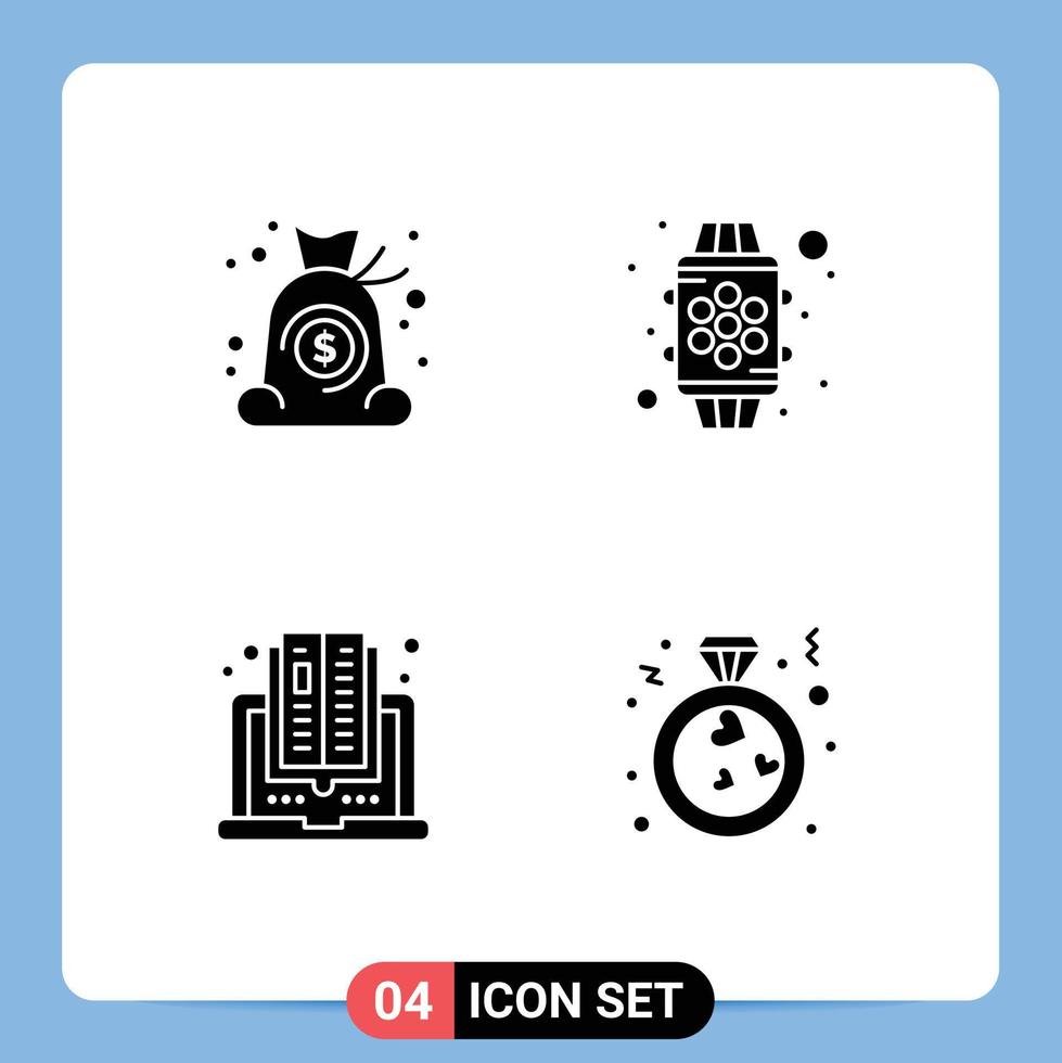 4 Universal Solid Glyph Signs Symbols of bag computer finance watch reading Editable Vector Design Elements