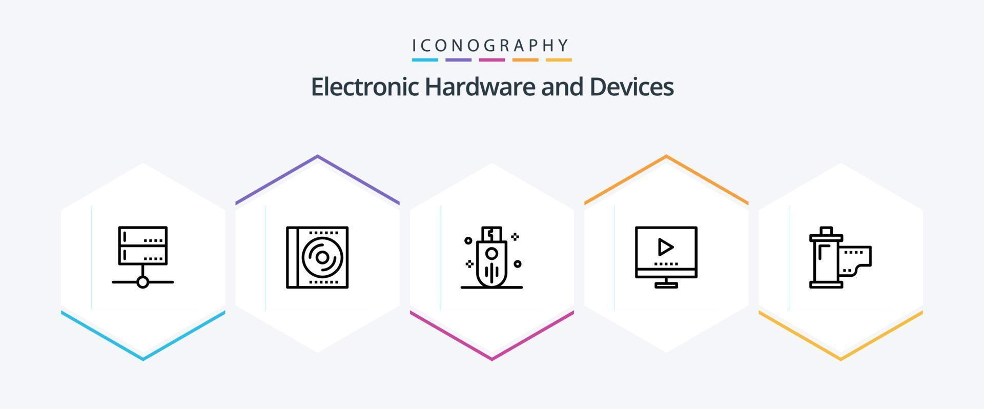 Paquete de iconos de 25 líneas de dispositivos que incluye tecnología. dispositivos. digital. almacenamiento. contorno vector