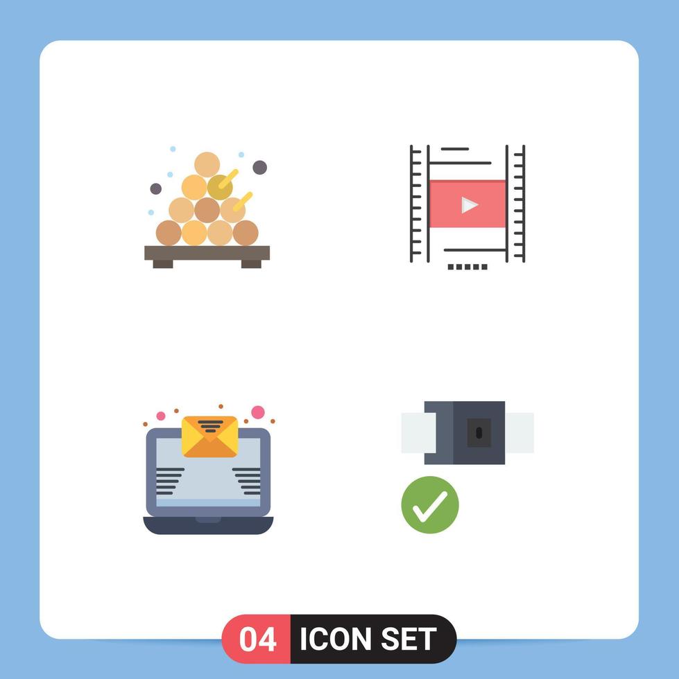 Paquete de iconos planos de 4 interfaces de usuario de signos y símbolos modernos de elementos de diseño de vectores editables de bloqueo de educación de video de boletín de alimentos