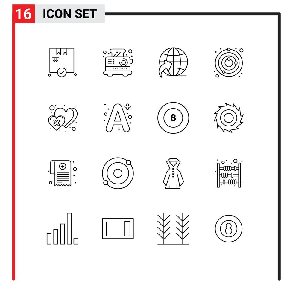 Editable Vector Line Pack of 16 Simple Outlines of cross heart globe dislike space Editable Vector Design Elements