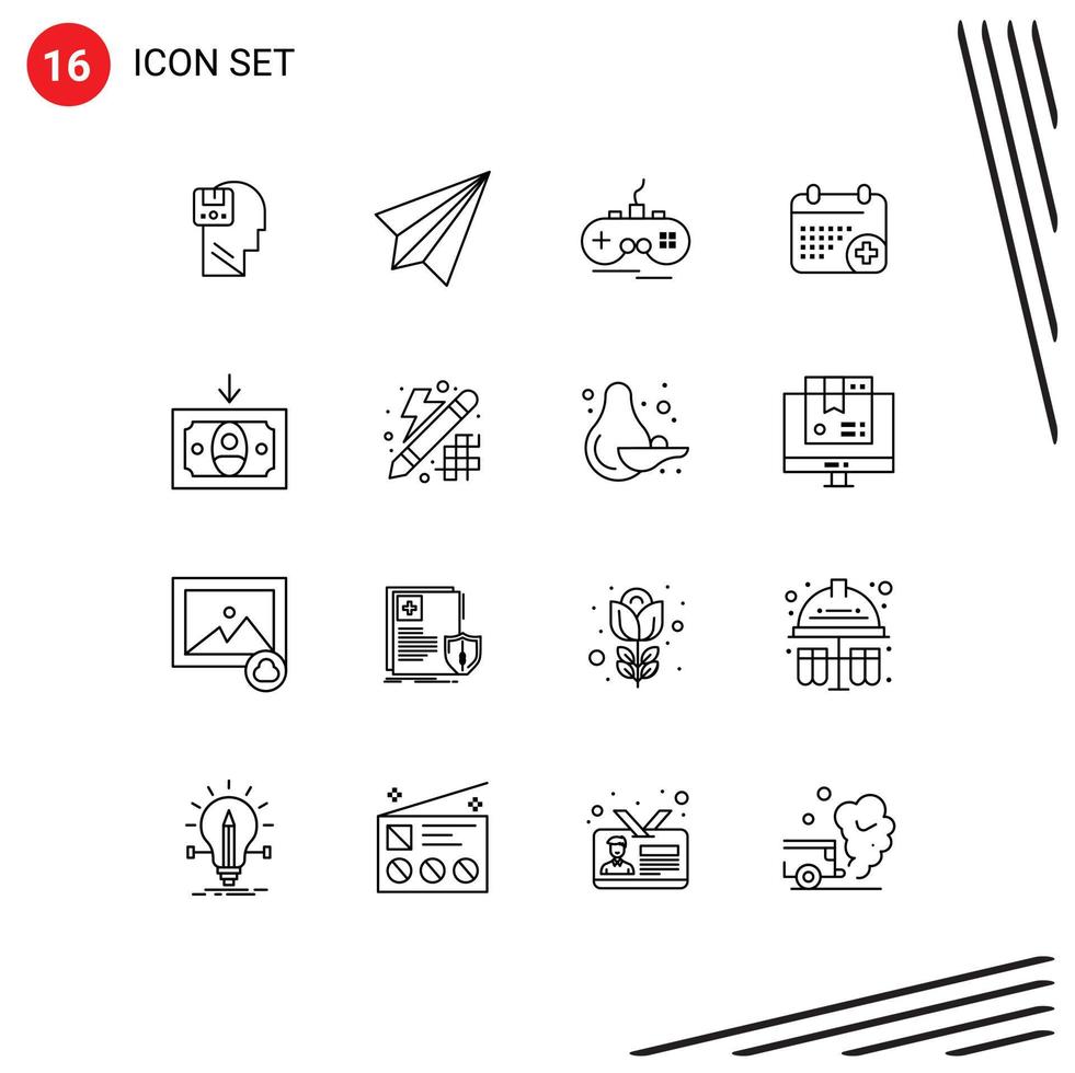Modern Set of 16 Outlines Pictograph of day calender receive medical xbox Editable Vector Design Elements
