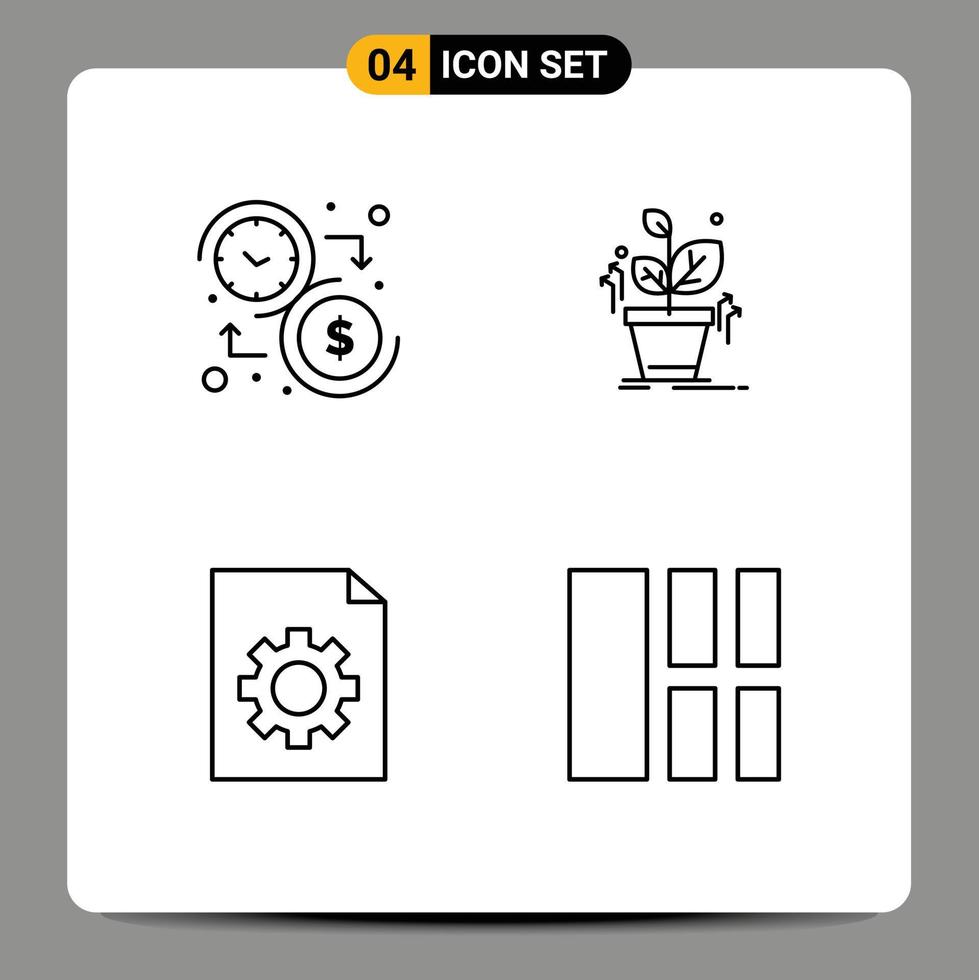 paquete de 4 signos y símbolos de colores planos de línea de llenado modernos para medios de impresión web, como elementos de diseño de vectores editables de archivo de crecimiento de tiempo de control de presupuesto