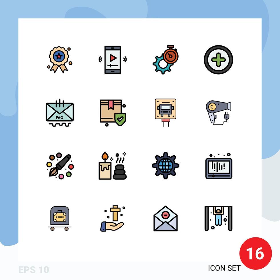 Pictogram Set of 16 Simple Flat Color Filled Lines of communication plus video player app basic setting Editable Creative Vector Design Elements