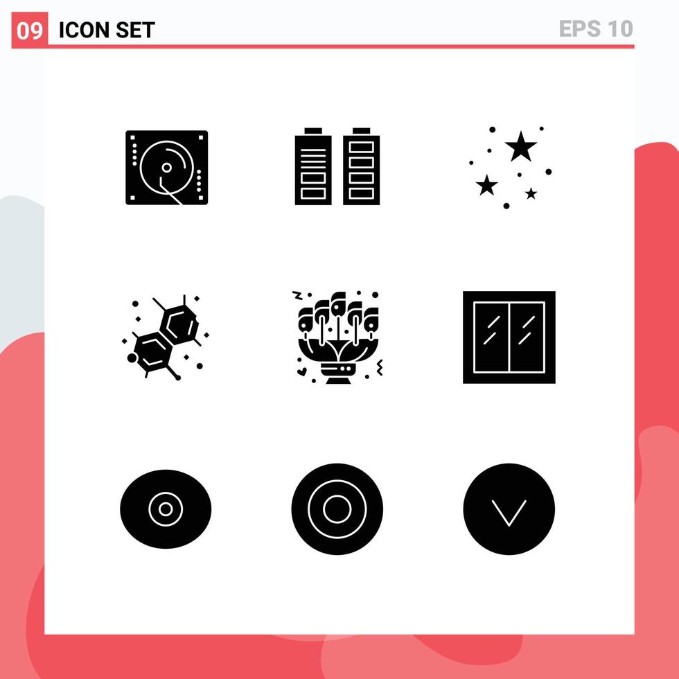 Pictogram Set of 9 Simple Solid Glyphs of love bouquet night lab chemistry Editable Vector Design Elements