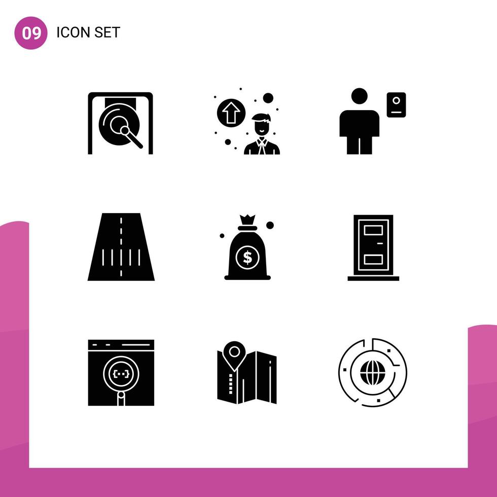 Group of 9 Solid Glyphs Signs and Symbols for bag dollar body transport road Editable Vector Design Elements