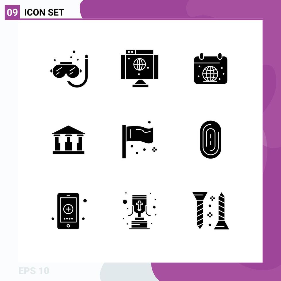 Group of 9 Solid Glyphs Signs and Symbols for flag mony calender building world Editable Vector Design Elements