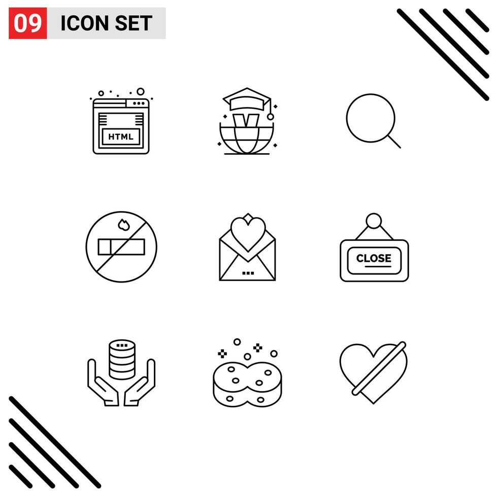 Outline Pack of 9 Universal Symbols of love card magnify mail smoking Editable Vector Design Elements