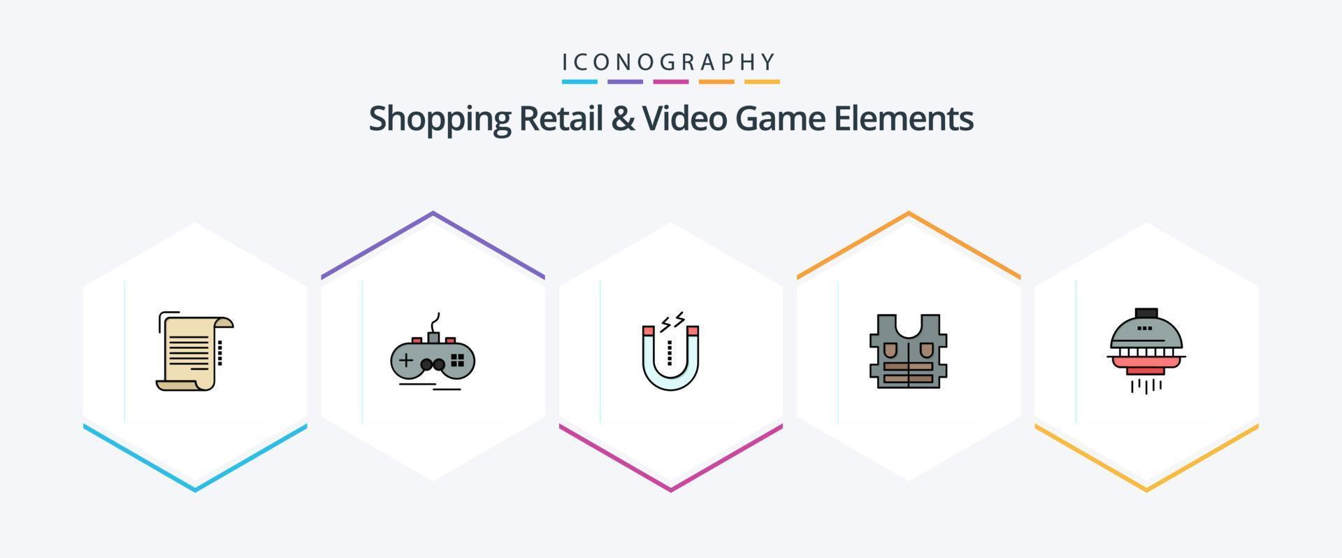 Shoping Retail And Video Game Elements 25 FilledLine icon pack including shuttle. safety. gamepad. life. tool vector