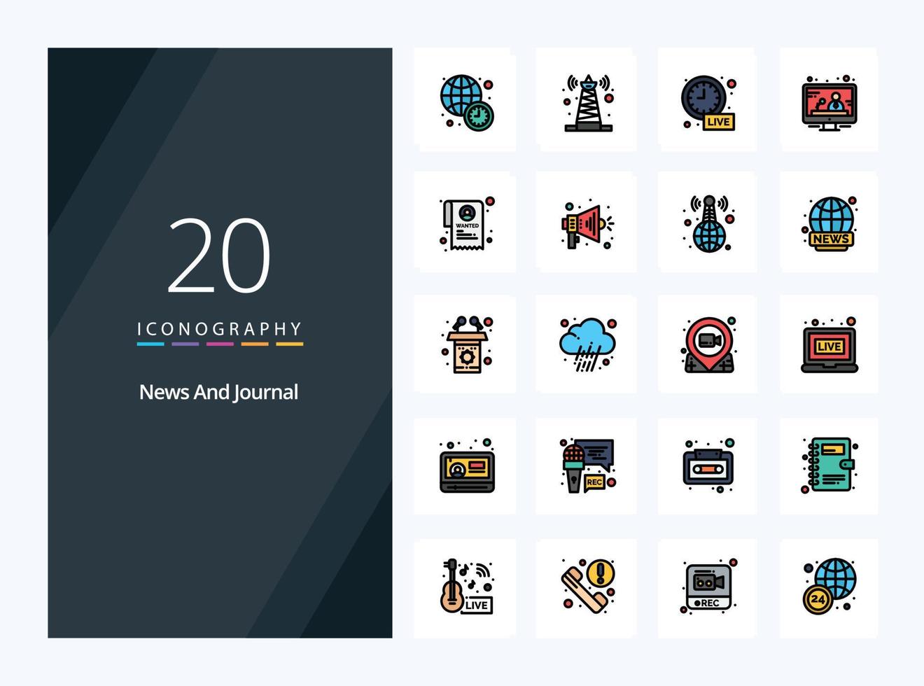 20 icono lleno de línea de noticias para presentación vector